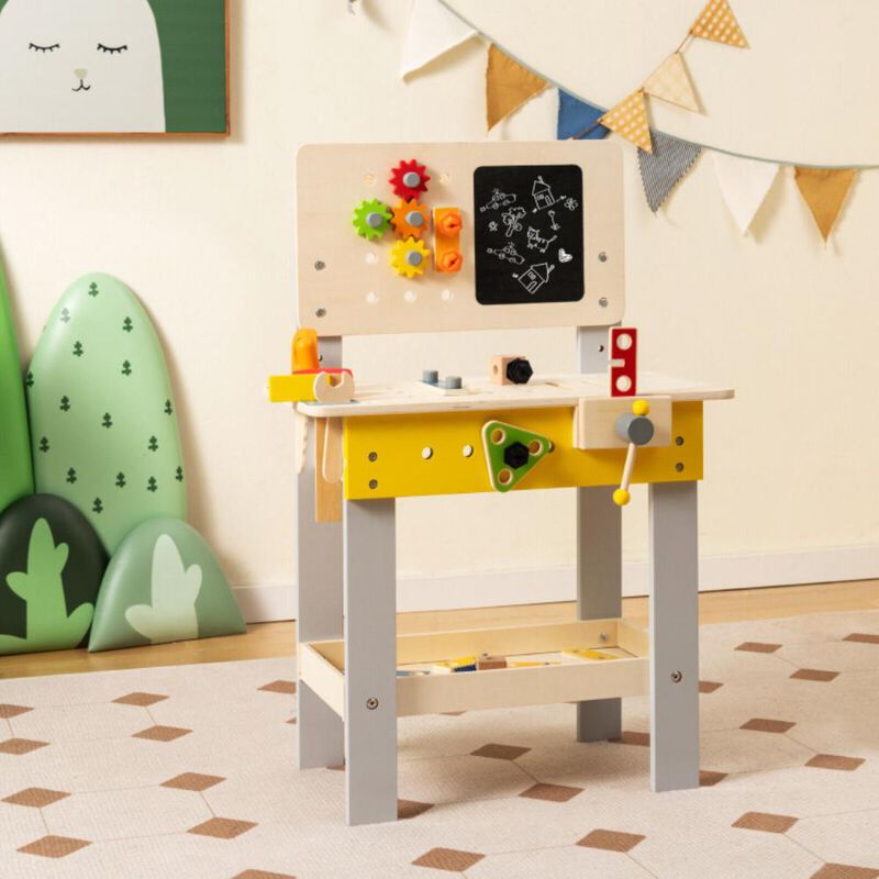 Hivvago Wooden Pretend Play Workbench Set with Blackboard for Toddlers Ages 3+
