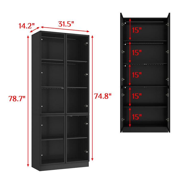 Black Wood 31.5 in. W Display Cabinet With Pop-up Tempered Glass Doors and 3-Color LED Lights
