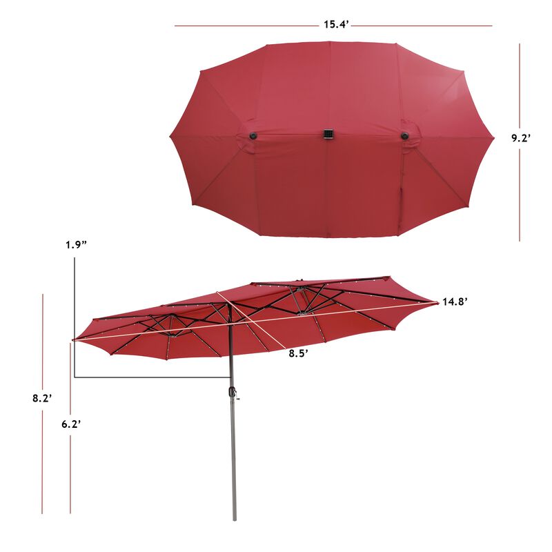 15-Foot Twin Patio Umbrella with 48 Solar LED Lights for Outdoor Lighting