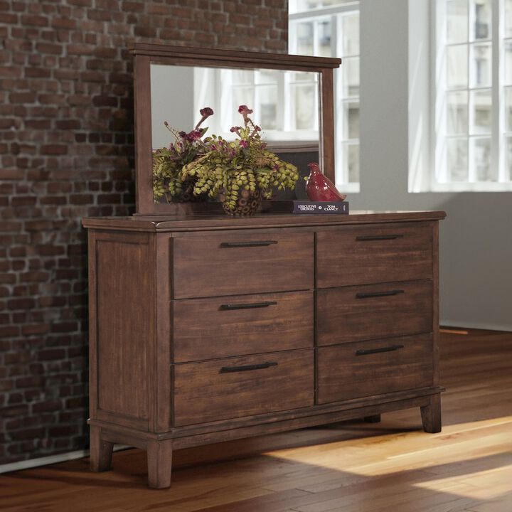 New Classic Furniture Cagney Wood 6-Drawer Dresser with Mirror, Chestnut