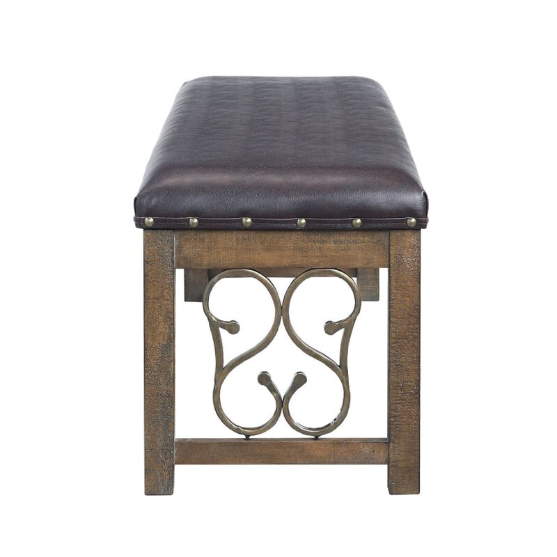 Ral 56 Inch Solid Wood Padded Bench, Metal Scroll Design, Nailhead, Brown-Benzara