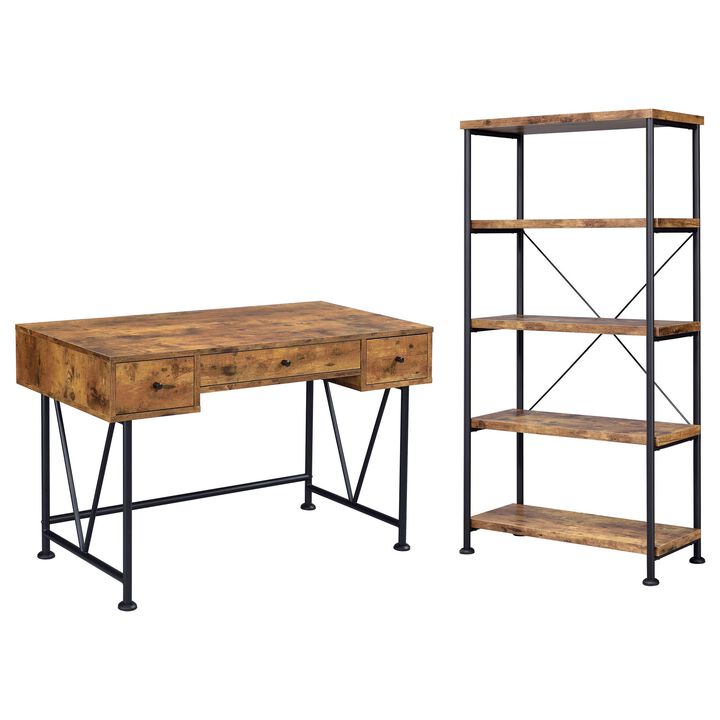 2 Piece Writing Desk with Bookshelf Unit, Rustic Brown, Black Metal Frame - Benzara