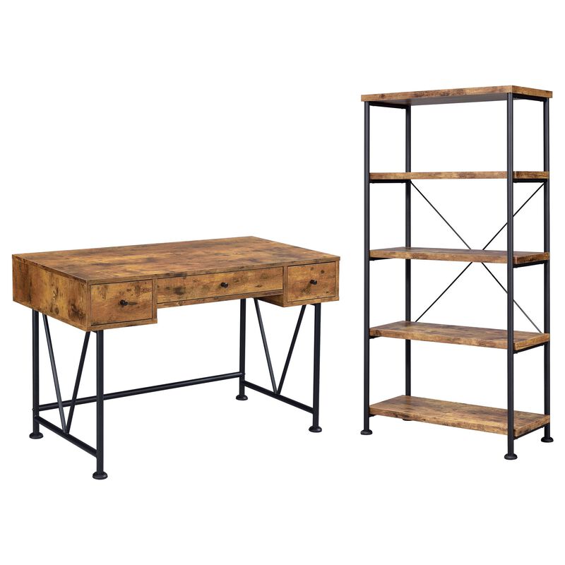 2 Piece Writing Desk with Bookshelf Unit, Rustic Brown, Black Metal Frame - Benzara
