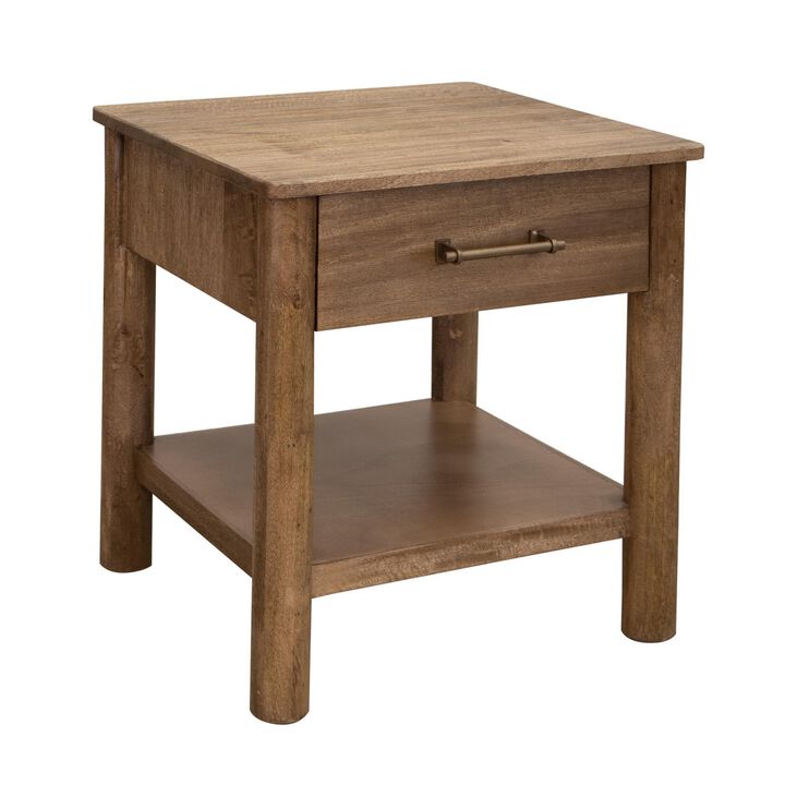 Benjara Olum 26 Inch Chairside Table, Drawer, Lower Shelf, Square Top, Wood, Brown and Gold