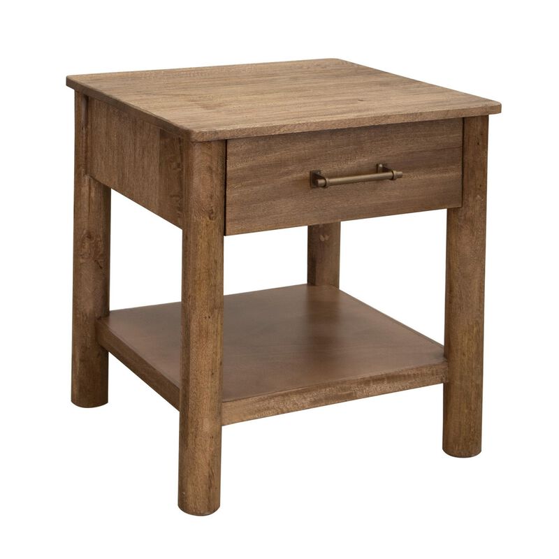 Benjara Olum 26 Inch Chairside Table, Drawer, Lower Shelf, Square Top, Wood, Brown and Gold