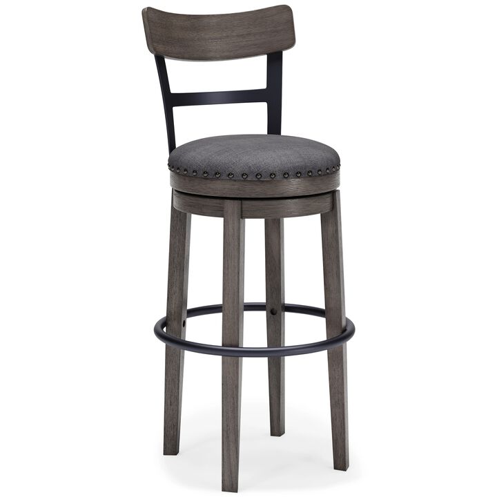 Swivel Barstool with Nailhead Trim and Curved Panel Back, Tall, Gray-Benzara