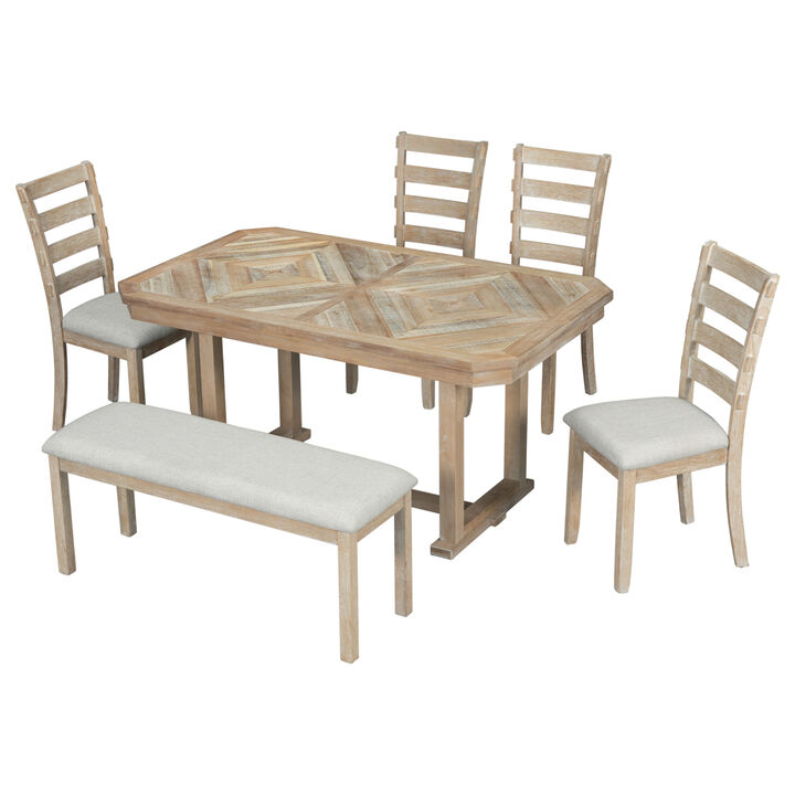 6-Piece Rubberwood Dining Table Set With Beautiful Wood Grain Pattern Table Top Solid Wood