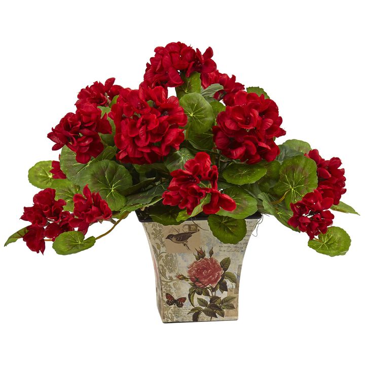 Hivvago Geranium Flowering Silk Plant with Floral Planter (Set of 2)