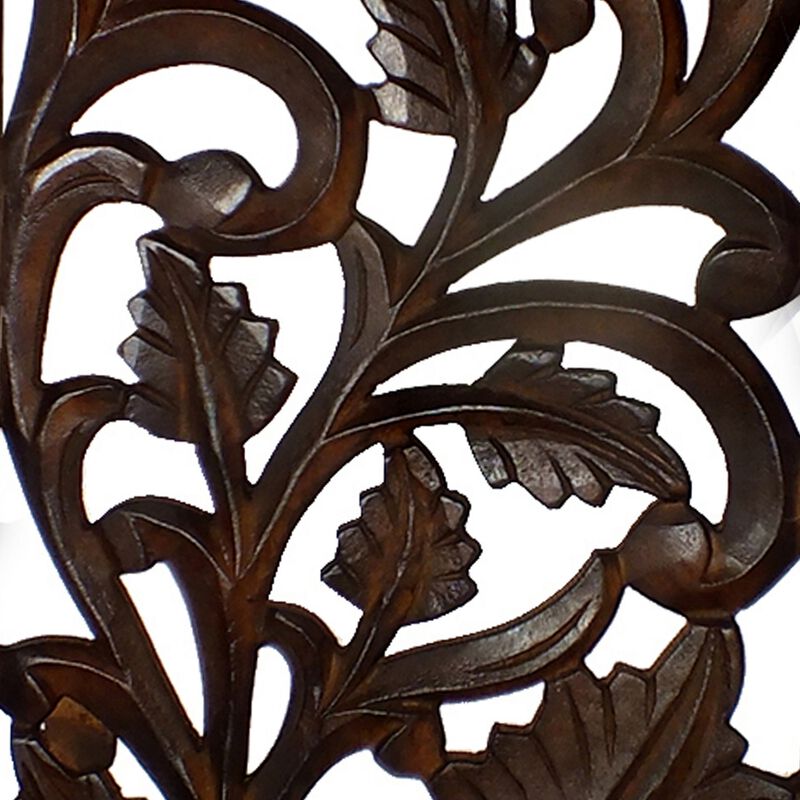 Mango Wood Wall Panel Hand Crafted with Leaves and Scroll Work Motif, Brown-Benzara