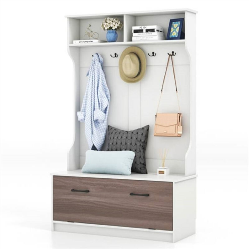 Entryway Bench Coat Rack Shoe Storage Cabinet in Wood Finish