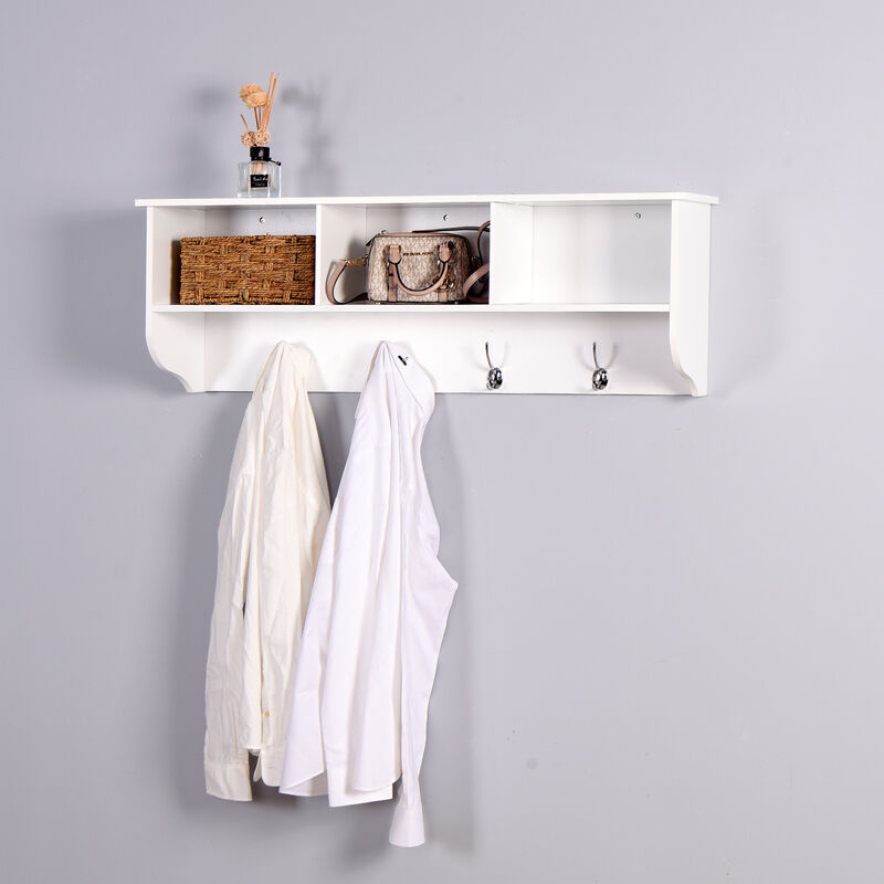 White Entryway Wall Mounted Coat Rack With 4 Dual Hooks Living Room Wooden Storage Shelf