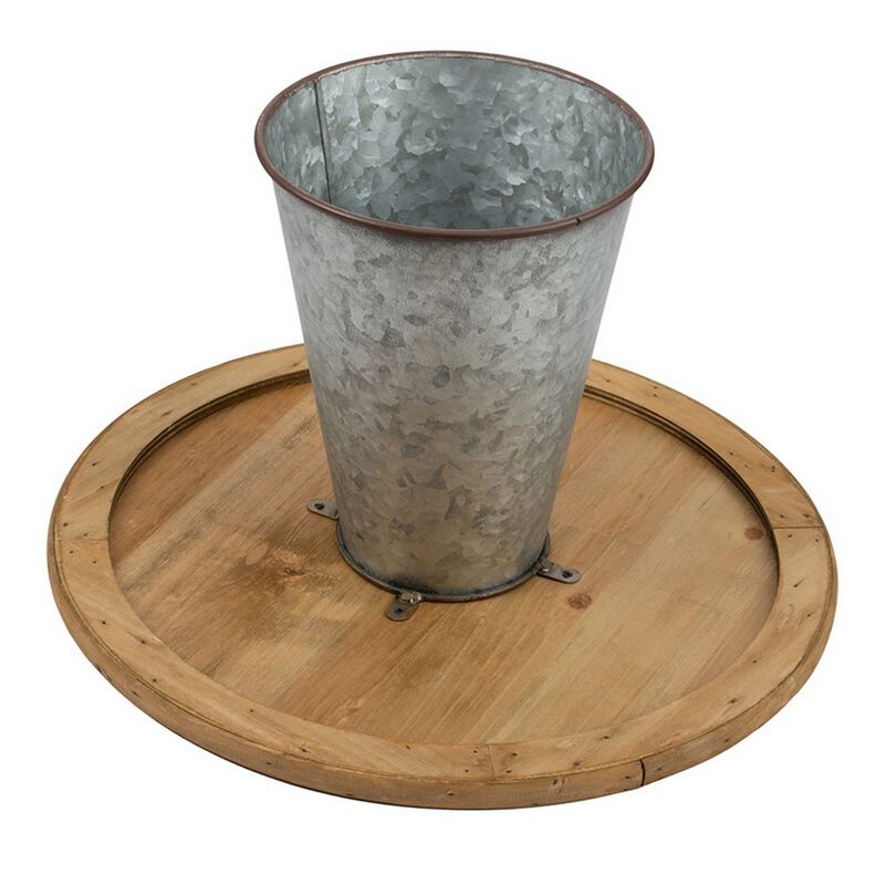 11, 15 Inch Set of 2 Serving Cake Stands, Brown Fir Wood and Gray Metal - Benzara