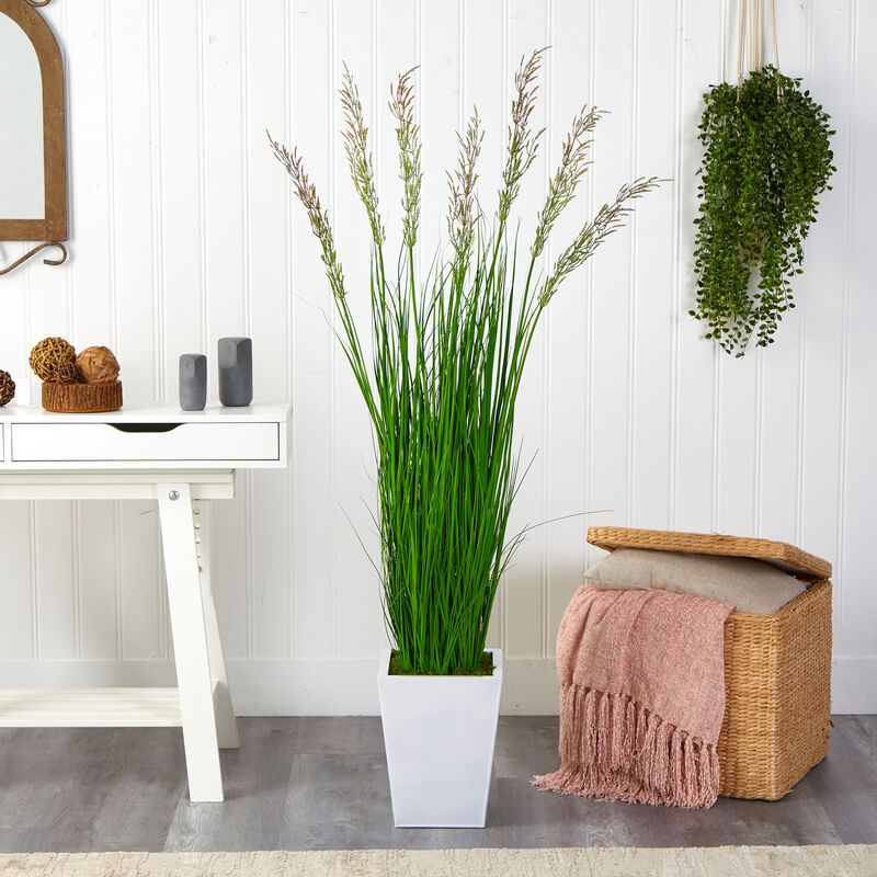 Hivvago 64" Wheat Grass Artificial Plant in White Metal Planter