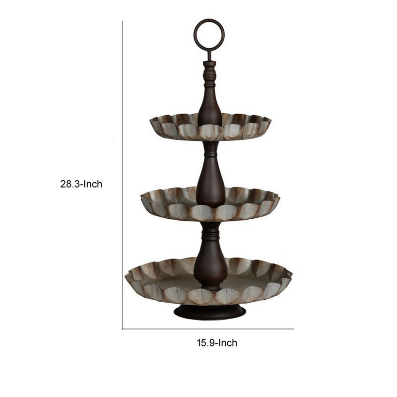 Ammy 28 Inch 3 Tier Round Decorative Serving Tray, Black and Gray Iron - Benzara