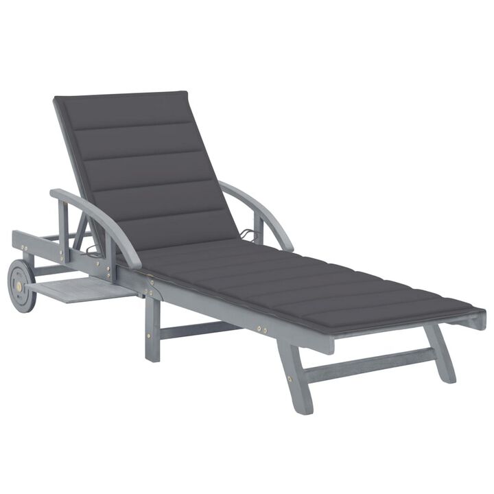 Patio Sun Chaise Lounger, Gray Fabric, Acacia Wood, Wheels, 78 Inch - Benzara