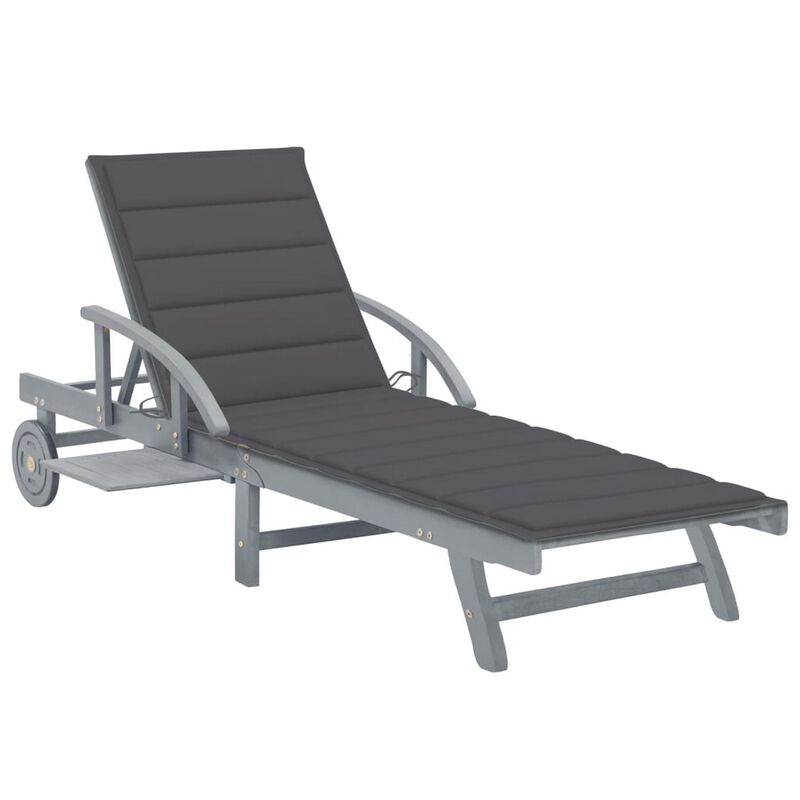 Patio Sun Chaise Lounger, Gray Fabric, Acacia Wood, Wheels, 78 Inch - Benzara