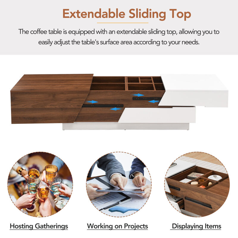 Modern Extendable Sliding Top Coffee Table With Storage In White & Walnut