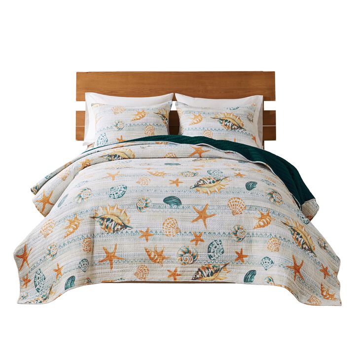 Carie 2pc XL Twin Quilt Set, Coastal Seashells, Blue Cotton Microfiber