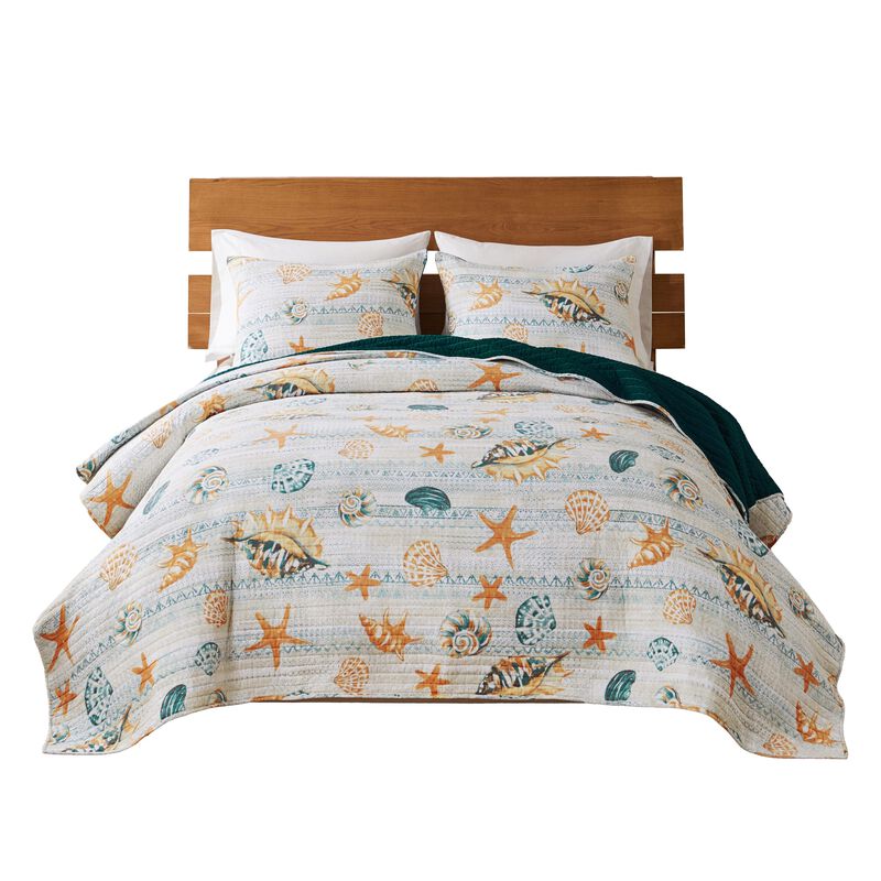 Carie 2pc XL Twin Quilt Set, Coastal Seashells, Blue Cotton Microfiber