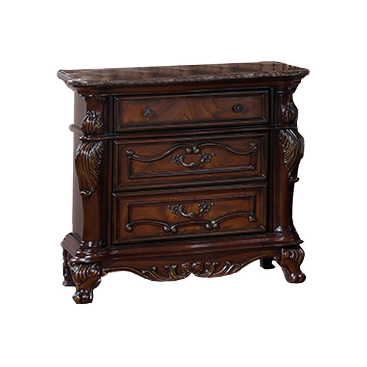 Venta Nightstand, 3 Drawers, Carved Details, Cherry Brown Solid Wood Frame
