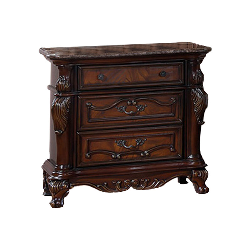 Venta Nightstand, 3 Drawers, Carved Details, Cherry Brown Solid Wood Frame
