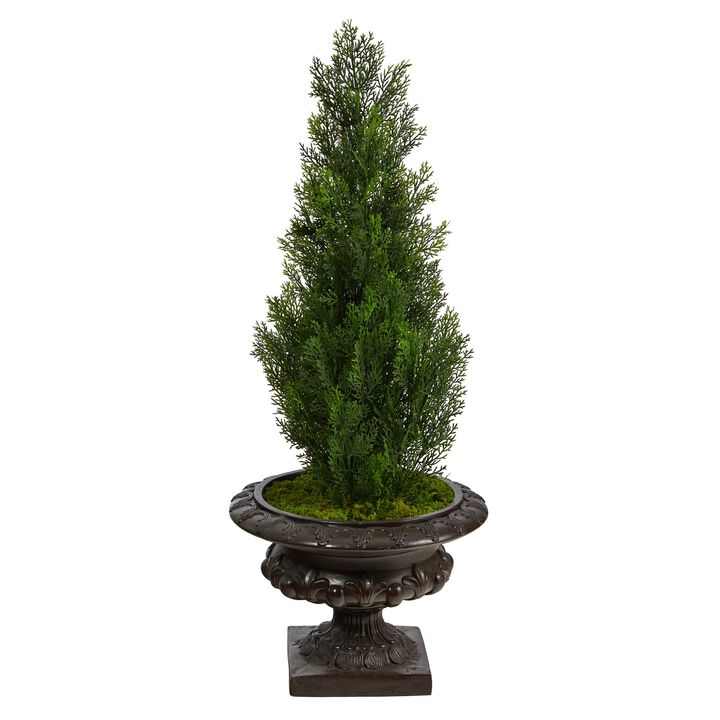 Hivvago 3.5 Feet Mini Cedar Artificial Pine Tree in Iron Colored Urn UV Resistant (Indoor/Outdoor)