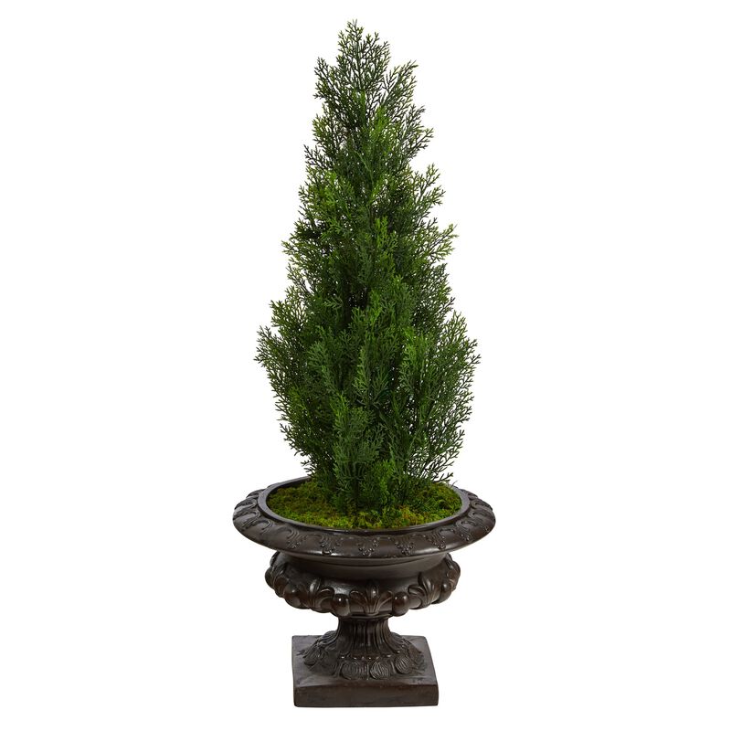 Hivvago 3.5 Feet Mini Cedar Artificial Pine Tree in Iron Colored Urn UV Resistant (Indoor/Outdoor)