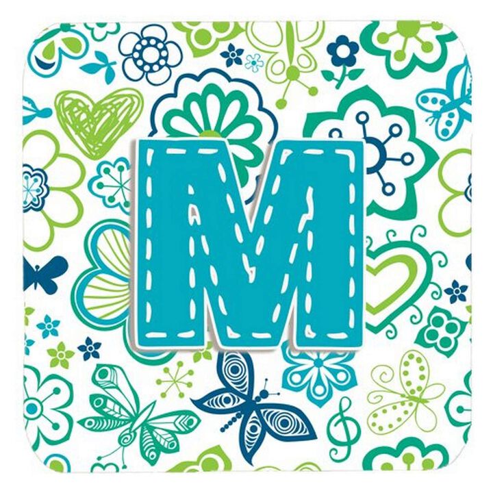 Caroline's Treasures CJ2006-MFC Letter M Flowers and Butterflies Teal Blue Foam Coasters (Set of 4), 3.5, Multicolor