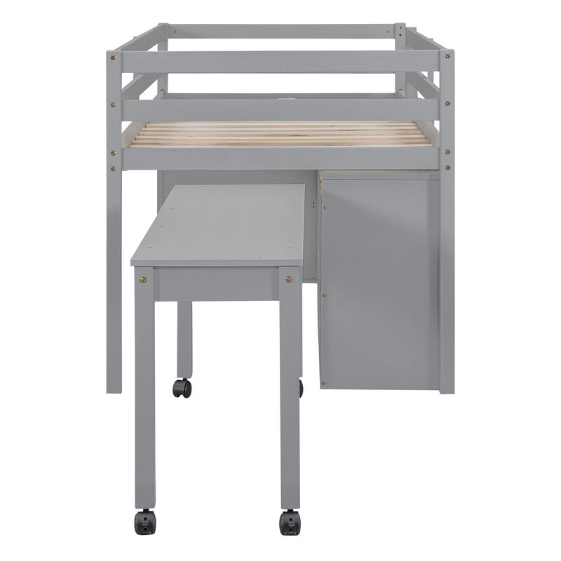 Wooden Loft Bed with Desk and Shelves