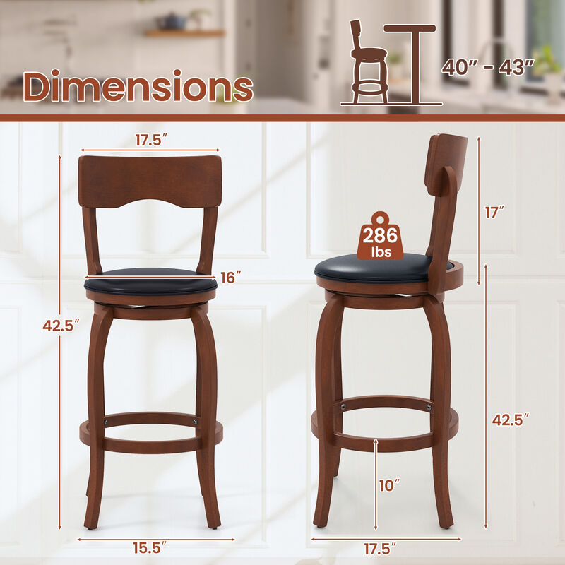 Swivel Bar Stools Set of 2 with Rubber Wood Frame and Upholstered Seat