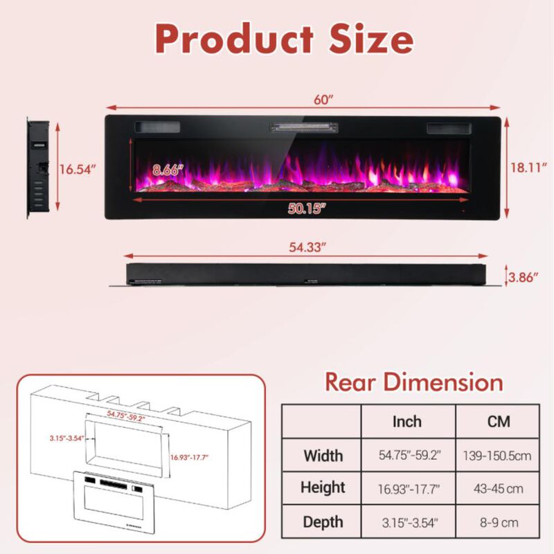 Hivvago 60 Inches Ultra-thin Electric Fireplace with Remote Control and Timer Function