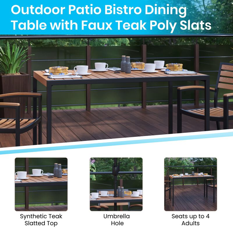 Flash Furniture Lark 7 Piece Patio Table Set - 4 Synthetic Stackable Faux Teak Chairs - 30" x 48" Faux Teak Table - Gray Umbrella with Base