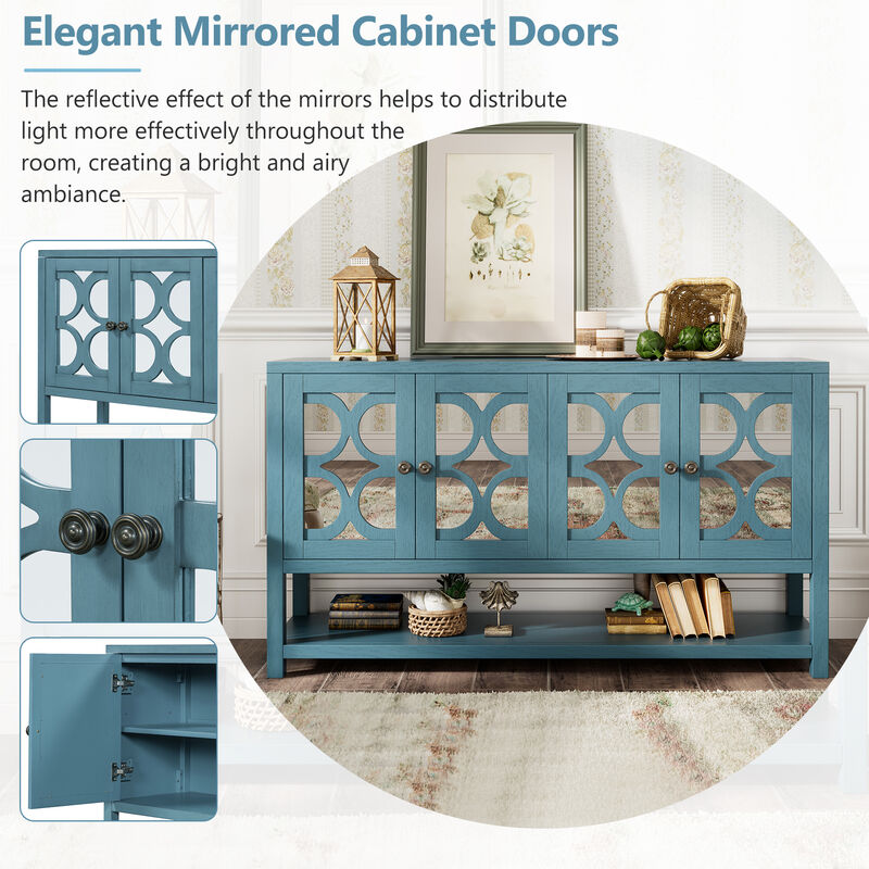 TREXM Elegant Retro Console Table/Storage Cabinet/Sideboard with Mirrored Doors, Spacious Shelves, and Durable Acacia Wood Legs - Perfect for Living Room, Dining Room, or Entryway (Antique Navy)