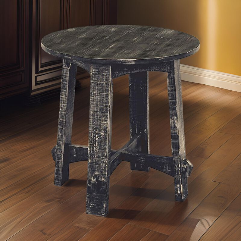 Rena Side End Table, X Legs, 24in Round, Distressed Rustic Black Wood - Benzara