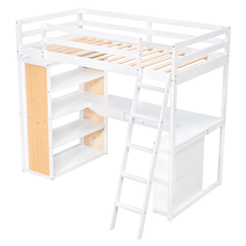 Twin Size Loft Bed With Ladder, Shelves, And Desk, White