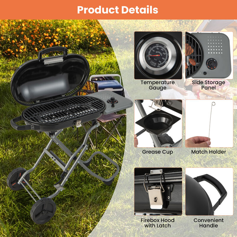 15000 BTU Portable Propane BBQ Grill with Wheels and Side Shelf-Black