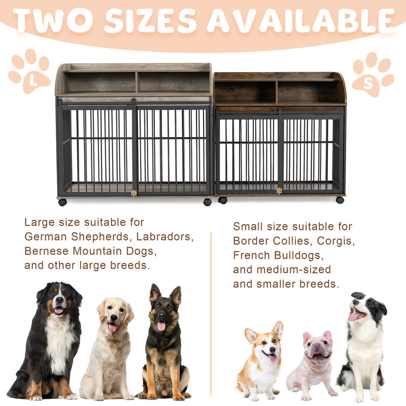Large Dog Crate Furniture with Lockable Wheels, Wooden Dog Kennel, and Double Storage Layers