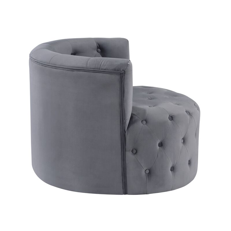 Alix 33 Inch Swivel Accent Chair, Round Design, Button Tufted Gray Velvet - Benzara