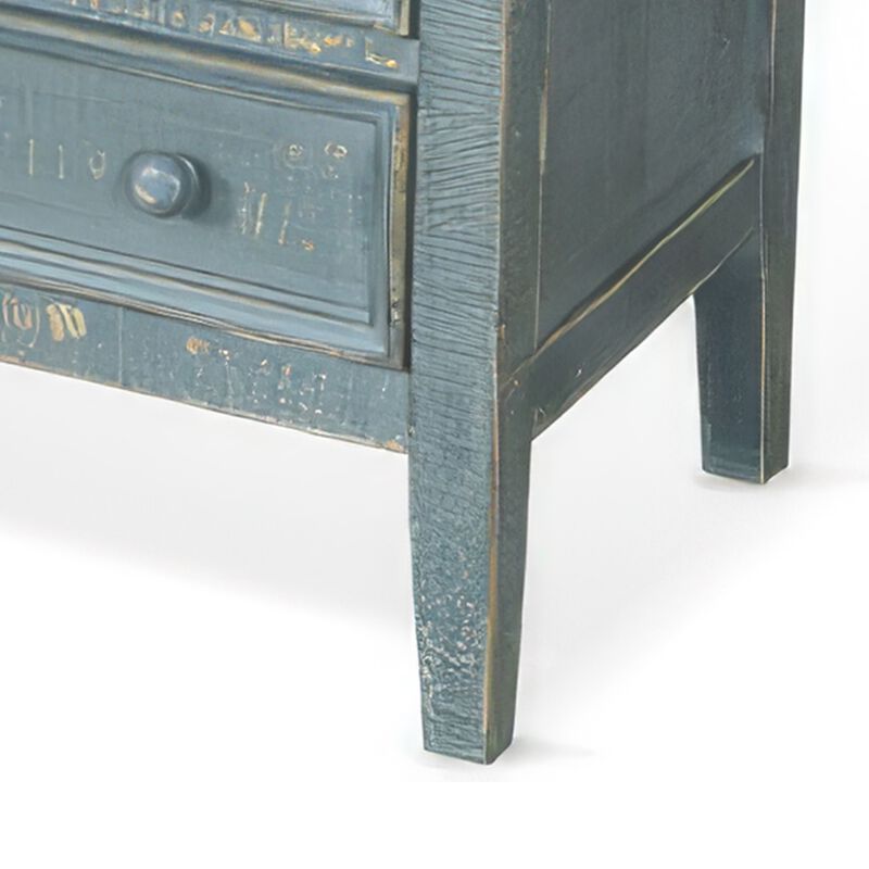 Rena Side End Table with 3 Drawers, 28 Inch Rustic Green Mahogany Wood - Benzara