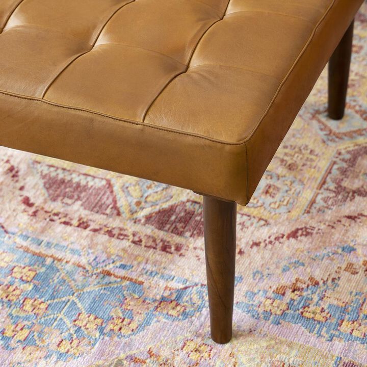 Ashcroft Furniture Co Mark Mid-Century Tufted Square Genuine Leather Upholstered Ottoman in Tan