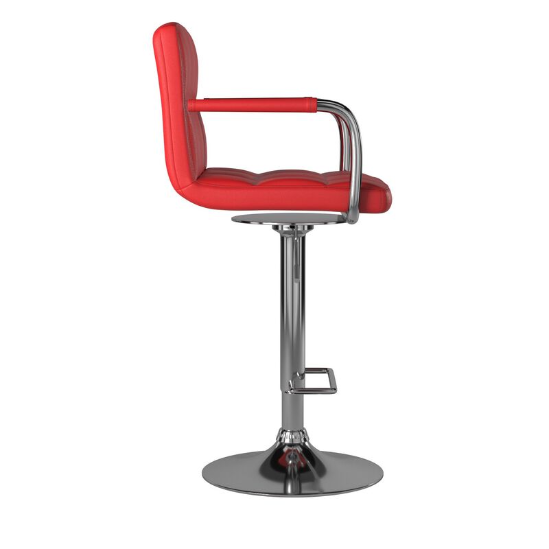 Leatherette Swivel Barstool with Square Stitched Details, Red and Silver-Benzara