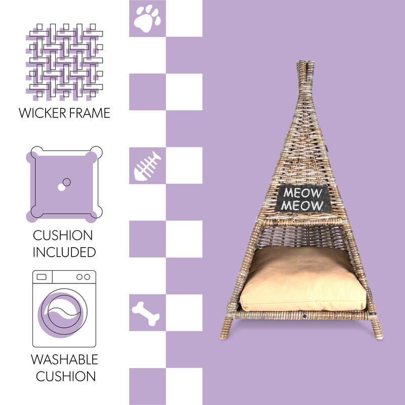 Tiki Tent Coastal Handwoven Rattan Cat Bed with Machine-Washable Cushion
