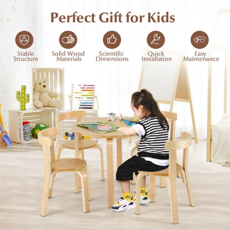 Hivvago 5-Piece Kids Wooden Curved Back Activity Table and Chair Set with Toy Bricks