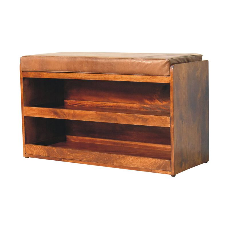 Artisan Furniture Buffalo Hide Pull out Chestnut Solid Wood  Shoe Storage Bench