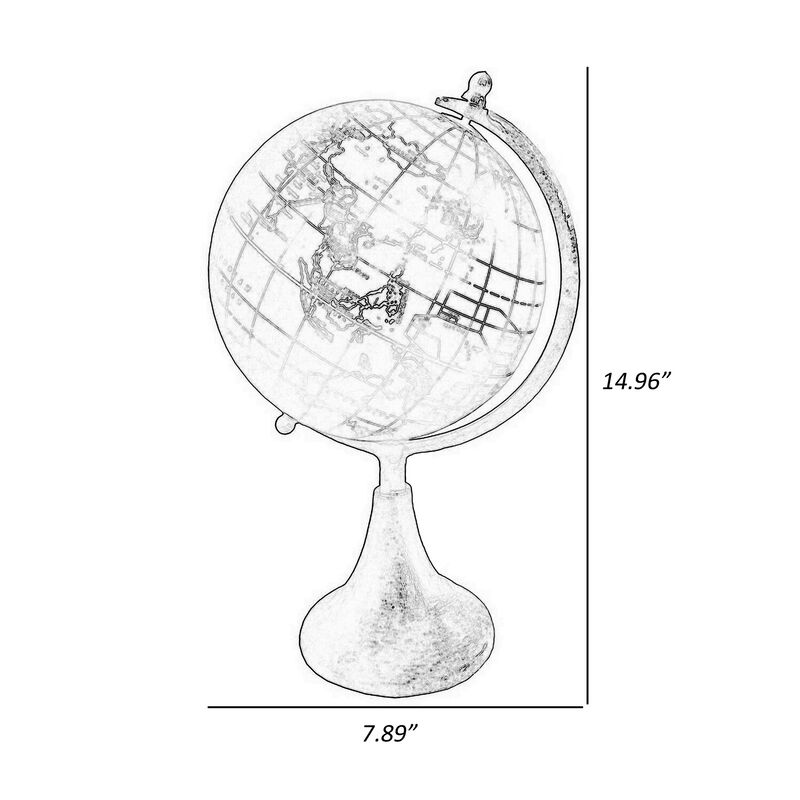 15 Inch Modern Accent Globe, Smooth Turning, White With Gold Aluminum Stand - Benzara
