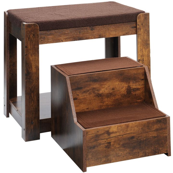 Multi-Level Window Perch Seat with Cushion and Scratch Pad, Indoor Pet Bunk Bed with Removable Step, Vintage