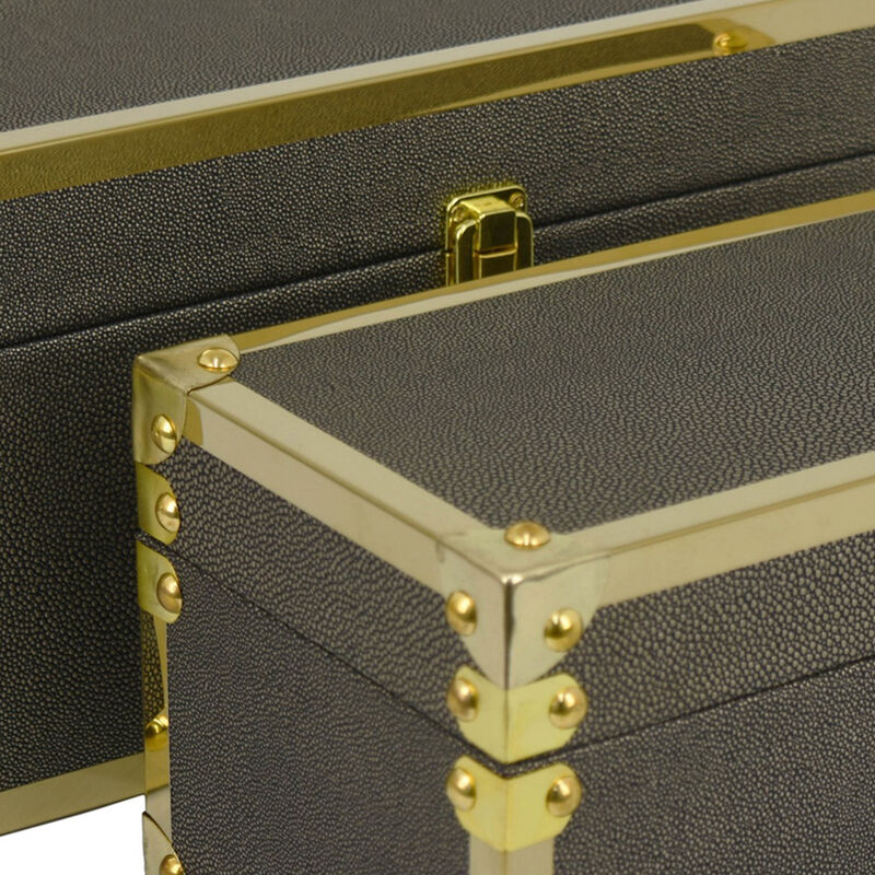 Mecca Storage Box Set of 2, Rivet Accents, Gold Metal, Bronze Wood - Benzara