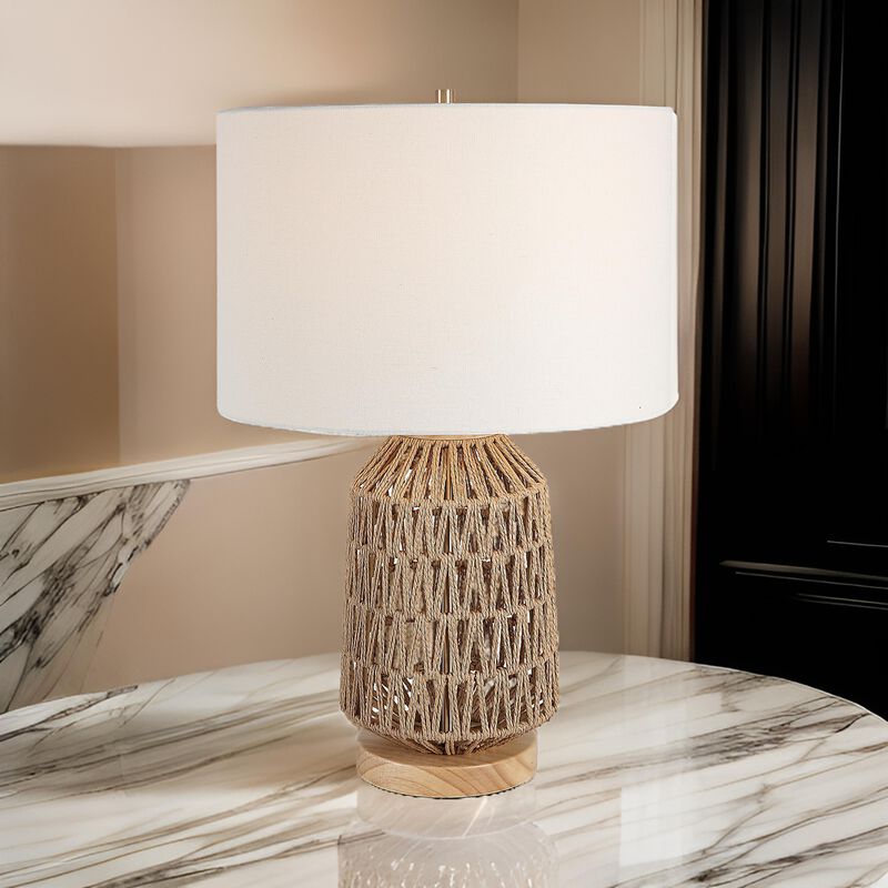 24 Inch Table Lamp, Brown Woven Rope, Linen Shade, Wood Base, Off White - Benzara