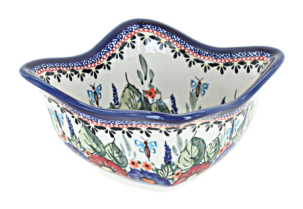 Blue Rose Polish Pottery Porcelain Vine Medium Square Scallop Bowl