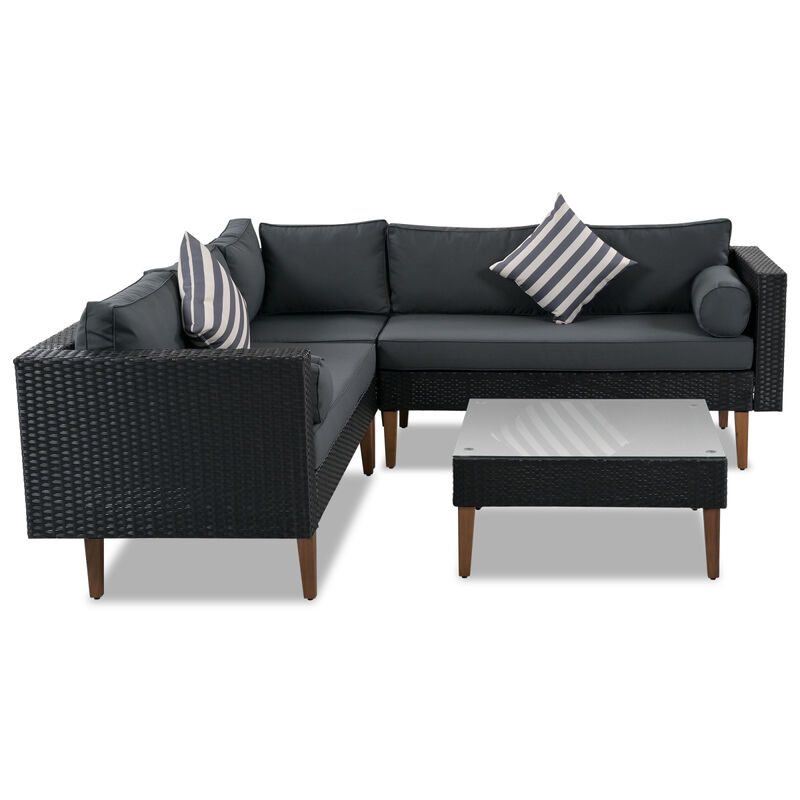 4-Pieces Outdoor Wicker Sofa Set, Patio Furniture Withful Pillows, L-Shape Sofa Set